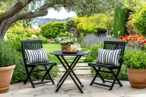 Relaxing garden setting with black folding chairs and table under olive tree photo