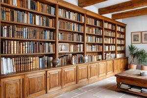 Large classic wooden bookshelf in home library with antique books displaying culture and history photo