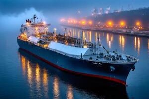 Lng tanker moored at dusk near industrial port with lights reflecting on water photo