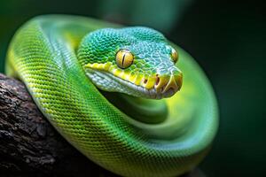 Green tree python resting on branch, showing its scales and eyes photo