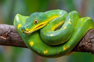 Green tree python resting on branch showing its scales photo