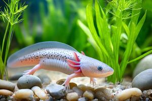 Leucistic axolotl walking in a planted freshwater aquarium photo
