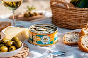 Enjoying canned fish, cheese, and olives during a sunny picnic photo