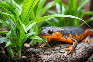 Emperor newt resting on a log in lush green habitat photo
