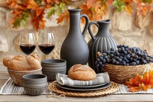 Autumn still life with red wine, bread, grapes, and ceramic jugs on rustic table photo