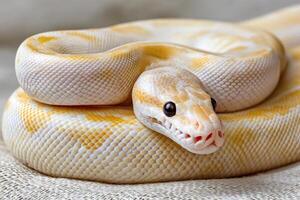 Albino python resting on soft surface, showing its scales photo