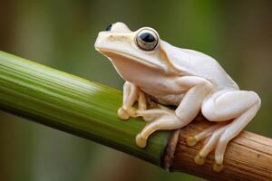 Dumpy frog resting on bamboo branch in natural habitat photo