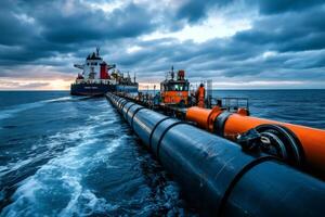 Engineers connecting floating pipeline to cargo ship at dusk photo