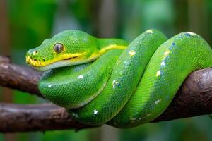 Green tree python resting on a branch in the jungle photo