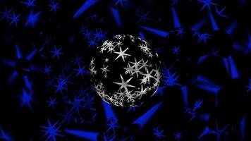 Colorful animated star patterns swirl around a central sphere in captivating 3D design during a vibrant nighttime display video