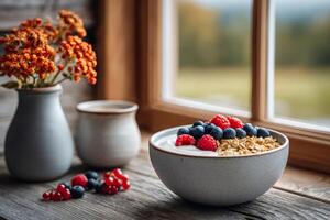 Yogurt with berries and muesli enjoying autumn scenery by the window photo