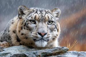 Snow leopard resting on rocks while raining. .. photo