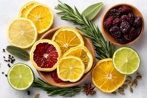 Dried citrus fruits with herbs and spices creating a colorful arrangement photo