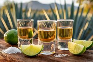 Golden tequila shots with lime and salt in front of agave field photo