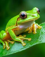 Lemur leaf frog perched on vibrant green leaf in rainforest photo