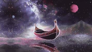 Viking ship floating in a cosmic ocean at dusk video