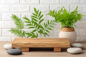 Empty wooden podium displaying wellness products with fern plant and stones photo