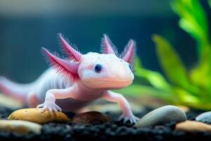 Axolotl walking on pebbles in an aquarium with plants in the background photo