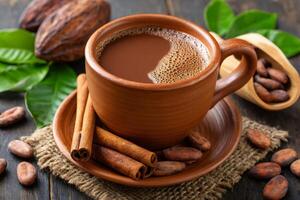 Aromatic hot chocolate with cinnamon and cocoa beans on rustic wooden table photo