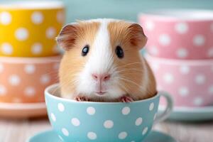 Guinea pig sitting in a blue polka dot cup with other colorful cups in the background photo