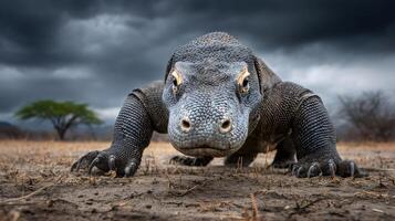 Komodo dragon crawling on the ground under a cloudy sky photo