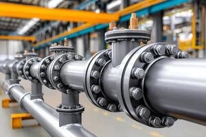 Industrial pipeline system with valves connecting pipes in factory photo