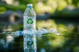 Plastic bottle with recycle symbol floating on polluted water surface photo