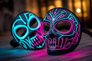 Two light up skull masks glowing on tabletop photo
