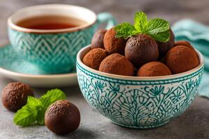 Chocolate truffles dusted with cocoa powder served in a beautiful bowl with mint and tea photo