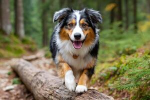 Happy australian shepherd walking on a log in the forest photo
