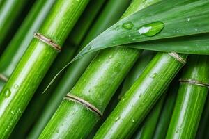 Green bamboo stalks and leaf with water drops creating a relaxing natural background photo