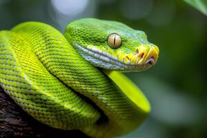 Green tree python resting on a branch, showing its scales and eye photo