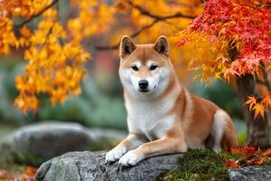 Shiba inu dog relaxing on rock in autumn leaves photo