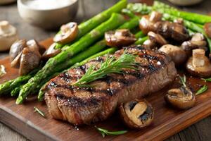 Grilled steak with mushrooms and asparagus on cutting board photo