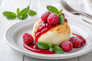 Delicious cottage cheese dumpling with raspberry sauce and fresh mint on white plate photo