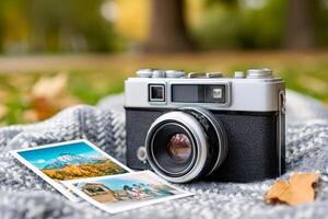 Vintage analog camera displaying scenic landscape and family photos on cozy blanket in autumn park