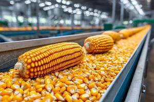 Corn processing in factory, kernels and cobs moving on conveyor belt photo
