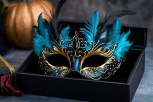 Elegant turquoise and gold masquerade mask with feathers resting in a black box photo