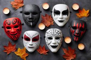 Scary halloween masks and lit candles resting on gray surface with autumn leaves photo