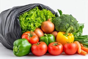 Fresh vegetables falling out of black plastic bag on white background photo