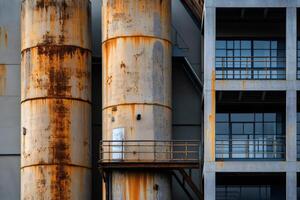Rusty industrial pipes and modern concrete structure with windows photo