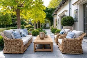 Elegant rattan sofa and armchairs creating a relaxing patio setting in luxury garden photo