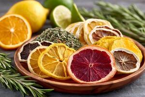 Dried citrus fruit slices with rosemary on wooden plate photo