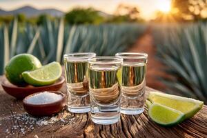 Enjoying tequila shots with lime and salt at sunset in agave field photo