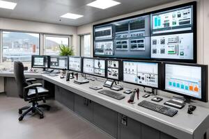 Modern control room monitoring system showing various parameters and data visualization on multiple screens photo
