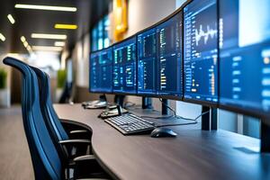 Modern office desk showing multiple computer monitors displaying complex data and information photo