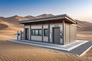 Prefabricated building emerging from the sand dunes in the desert photo