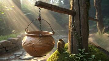 Rustic pottery hanging by a wooden post amidst dappled sunlight in a tranquil forest setting video