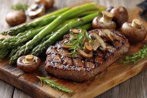 Grilled steak with mushrooms and asparagus on cutting board.. photo