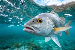 Lane snapper fish approaching jig head hook and line underwater photo